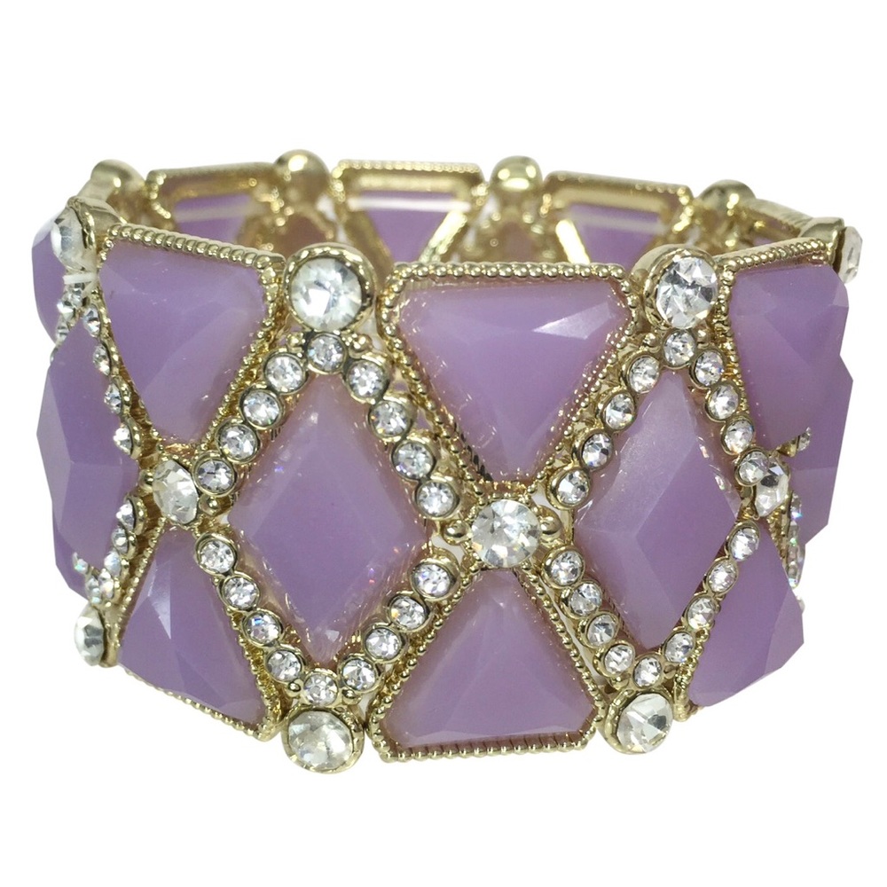 Wide Light Purple Lavender Gem Clear Rhinestone Fancy Statement Stretch Bracelet